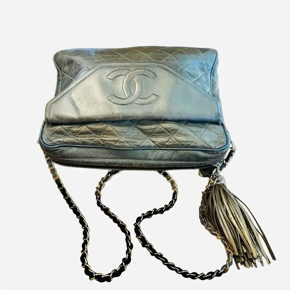 Chanel olive green leather crossbody bag with Tassel Accents